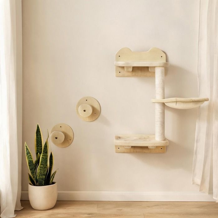 Ensemble descalade mural 4 pièces pour chat en peluche soft beige – avec arbre à chat et hamac