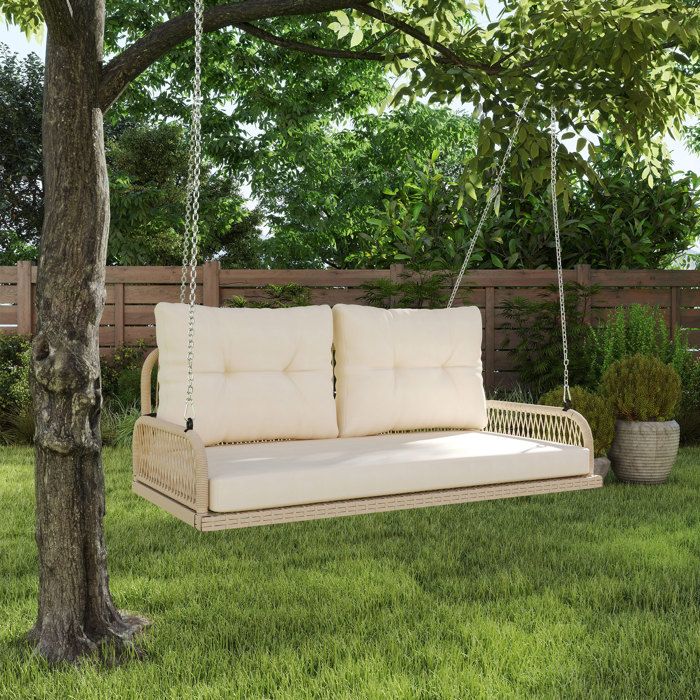 Balançoire de Jardin 2 Places en Rotin avec Coussins Charge 240kg Fauteuil Suspendu Extérieur Beige