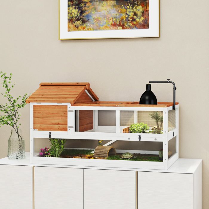 Maison / enclos pour tortue - Enclos 2 niveaux - Orange - Terrasse gazon synthétique - Support de lampe réglable