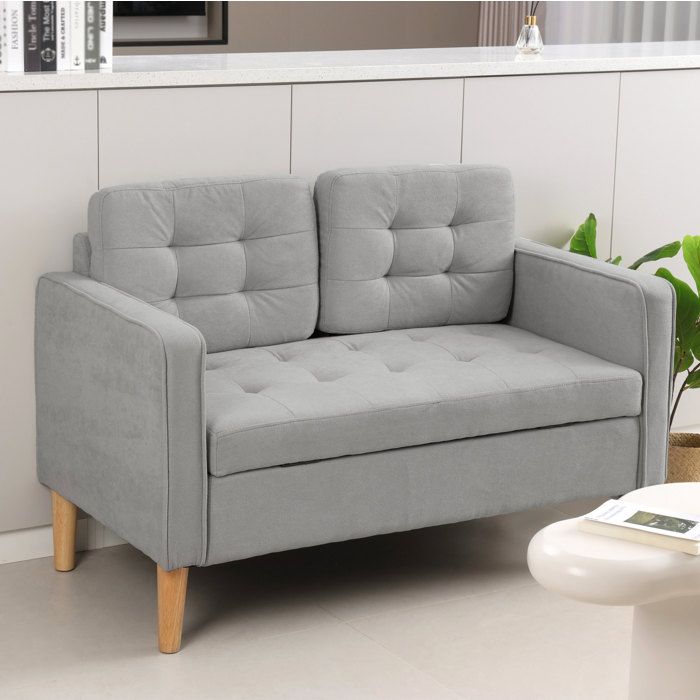 Canapé fixe 2 places EVRYAE 117 x 62 x 78 cm avec coffre de rangement velours gris clair