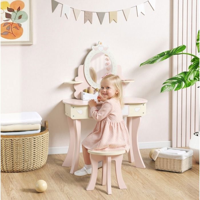 Coiffeuse enfant 2-en-1 EVRYAE 59 8 x 29 6 x 89 8 cm avec tabouret miroir amovible tiroir et 7 accessoires rose