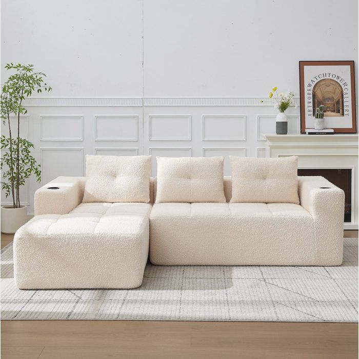 HOMVRA Canapé d’angle fixe 255 x 161 cm beige 3 places 3 coussins 2 porte-gobelets