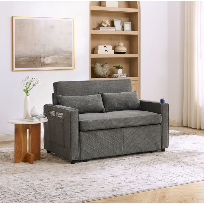 Canapé convertible 3 en 1 AESVAR 2 places avec port USB système coulissant tissu gris foncé