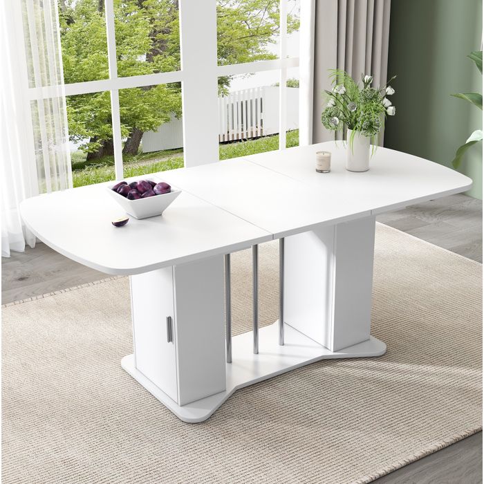 Table à manger extensible 120-160 cm avec rangement intégré blanche en MDF 4 à 6 personnes métal argenté ORVRYN