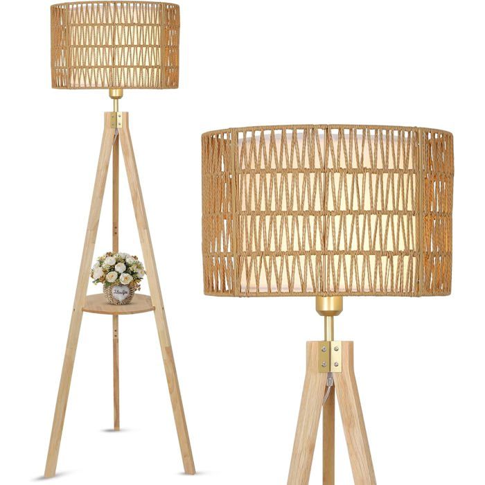 Lampadaire sur pied trépied 150 cm en bois avec étagère - abat-jour rotin et lin beige