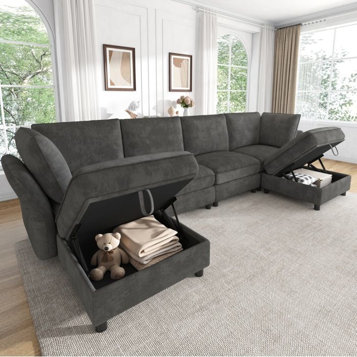 Canapé dangle modulable 6 places en U ou L avec 2 poufs coffre chenille grise 289 x 137 x 84 cm