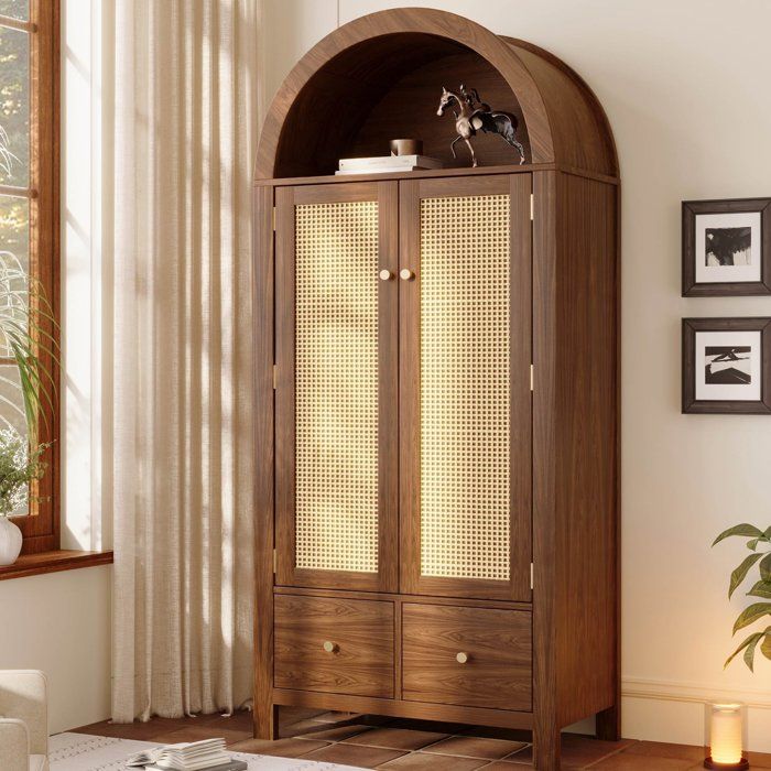Armoire de rangement en rotin tressé 181 x 78 x 45 cm avec 2 tiroirs 2 portes étagère ouverte dispositif anti-basculement Noyer