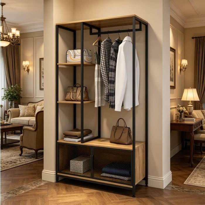 WUVRIE Vestiaire ouvert avec tringle étagères et rangement métal et MDF noir et chêne clair