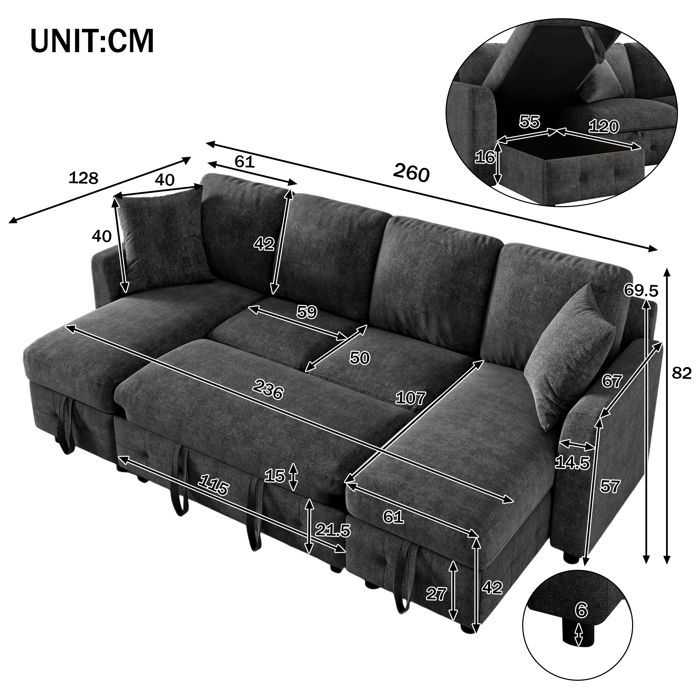 Canapé-lit dangle en U - Canapé-lit extensible - 2 méridiennes avec rangement - 1 port USB et 1 port Type-C