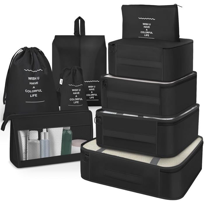 Organisateur valise 9 pièces pochettes rangement voyage accessoires avion et bagages (Noir)
