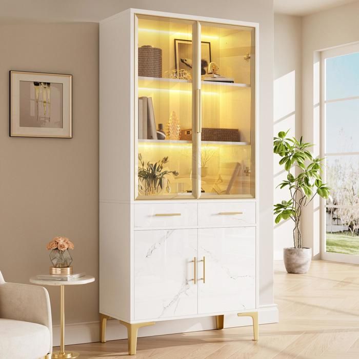 Vitrine en Verre avec Eclairage LED Armoires Cuisine Buffet avec 2 Tiroirs 4 Portes Salon Salle à Manger 75x38x170cm