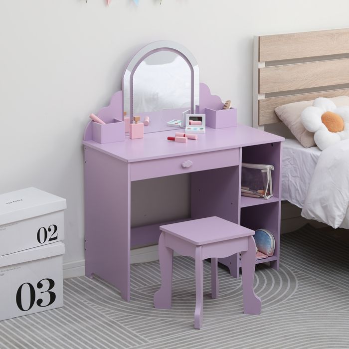 Koioplie Coiffeuse enfant LED 2 en 1 avec tabouret table maquillage miroir éclairé et bureau détude meuble rangement - Violet