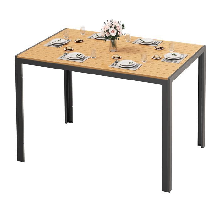 Table de Jardin - Bealife - 4 Personnes - Structure Métal - Plateau Bois Composite - À Lattes - Résistante aux Intempéries - Marron