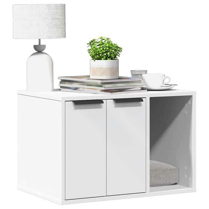 vidaXL Meuble cache-litière blanc en bois d’ingénierie portes réversibles et rangement