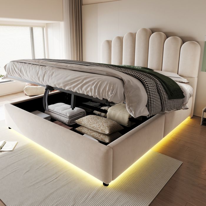 Lit coffre 140x200 cm avec relevage hydraulique LED multicolore velours beige tête de lit capitonnée JOINERY