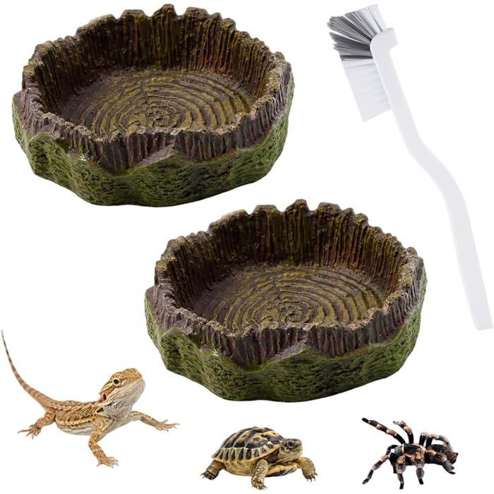 Gamelles pour Reptiles en PVC en Forme de Souche Lot de 2 avec Brosse de Nettoyage7×7×2 cmpour TortuesLézards GAMELLE