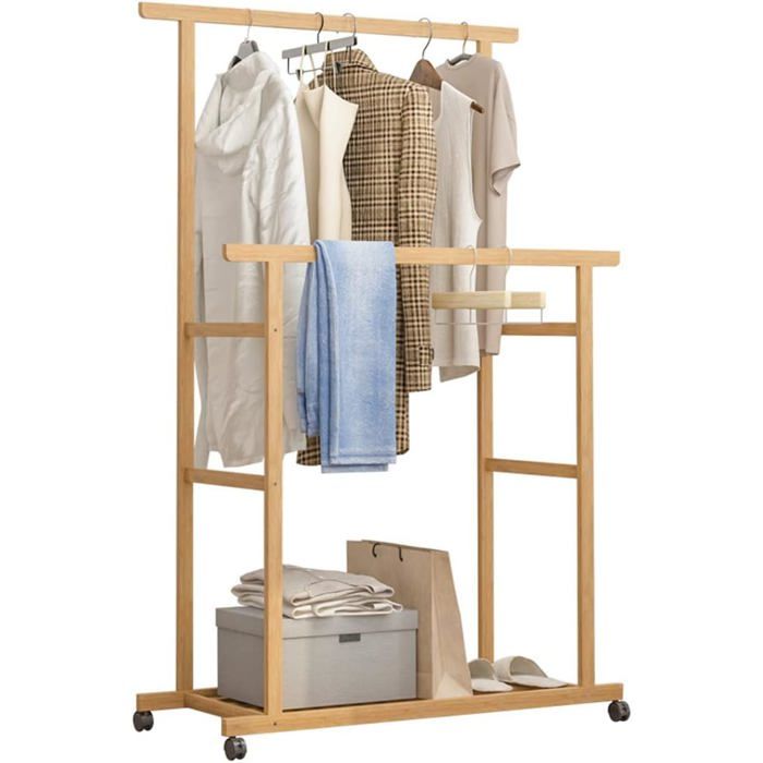 Portant à Vêtements Bois sur Roulettes Double Tringle Solide Meuble Dressing Multifonction pour Chambre et Salon 160x80x40 cm