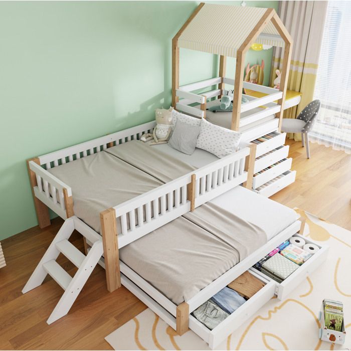 Lit superposé enfant 90x200 + lit gigogne 90x190 cm blanc et naturel avec escalier latéral 4 tiroirs et toit en tissu Lit superposé enfant 90x200 + lit gigogne 90x190 cm blanc et naturel avec escalier latéral 4 tiroirs et toit en tissu