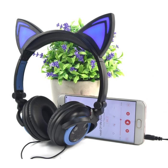 Casque audio noir bleu oreille chat lumineux enfant garco fille filaire  jack 3.5 pour telephone switch lite tablette ordinateur - Cdiscount TV Son  Photo