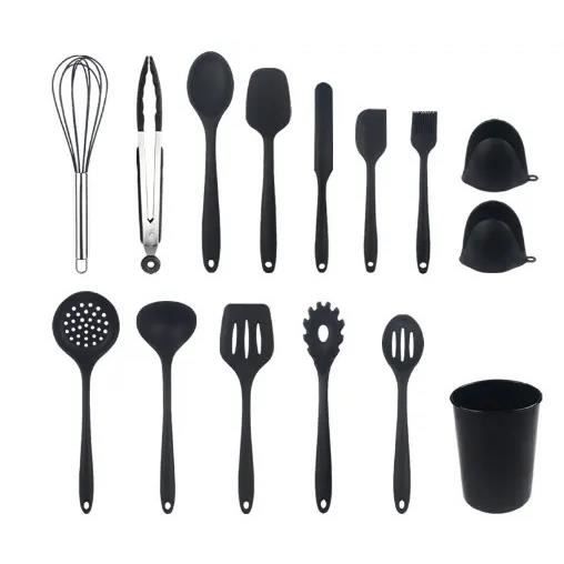 Lot De 33 Ustensiles De Cuisine En Silicone Antiadhésif Avec Support Et Poignées En Bois