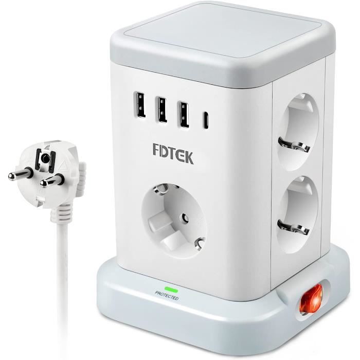 Multiprise TOPREK 8 Prises + 2 Ports USB Avec Interrupteur Et Câble 2 Mètres