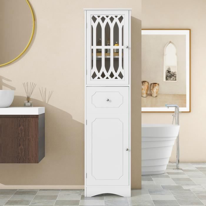 colonne de salle de bain avec 4 compartiments et 1 tiroir, 2 portes et etagère réglable, 42 x 36 x 162,5 cm, blanc
