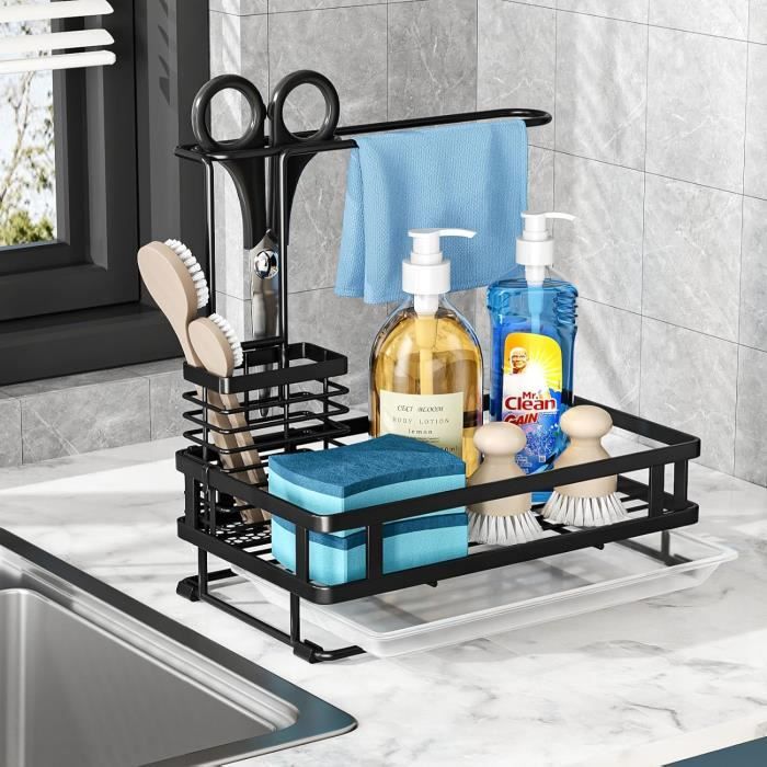 2 Porte-éponges Auto-adhésifs En Acier Inoxydable Noir - Range éponge, Brosse, Torchon Pour évier Cuisine Ou Salle De Bain - 5