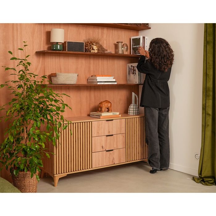 Portmore - buffet bas - effet bois - 3 tiroirs et 2 portes - 150 cm - Bois Portmore - buffet bas - effet bois - 3 tiroirs et 2 portes - 150 cm - Bois