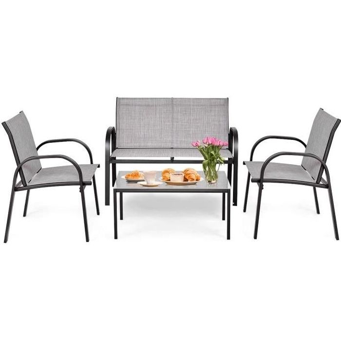 COSYWAY Salon de Jardin 4 Personnes avec 1 Table Basse en Verre Tissu en Textilene à Séchage Rapide Anti-UV Gris