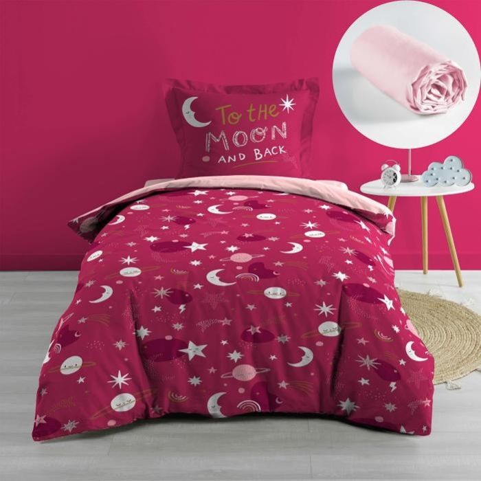 Pack Housse de couette enfant Phosphorescente 140 x 200 cm Moonlight Rose + Drap housse 90x190 Rose