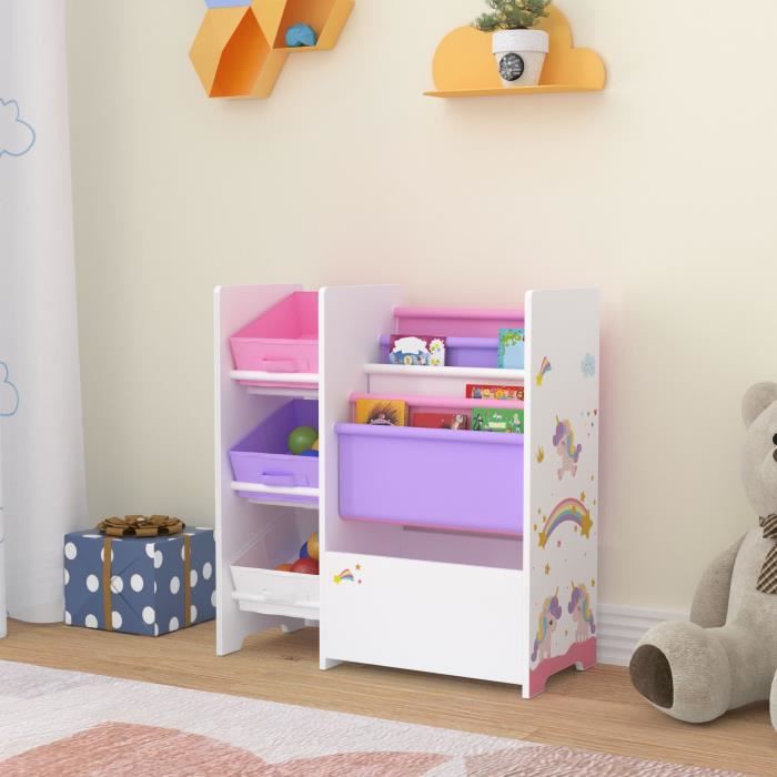 Étagère de rangement Vimianzo pour enfant avec 3 bacs ouverts blanc violet rose Étagère de rangement Vimianzo pour enfant avec 3 bacs ouverts blanc violet rose