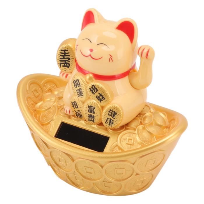Statuette Chat Porte-bonheur Motorisé - Résine Dorée Yeux Larges - Neuf Avec étiquettes