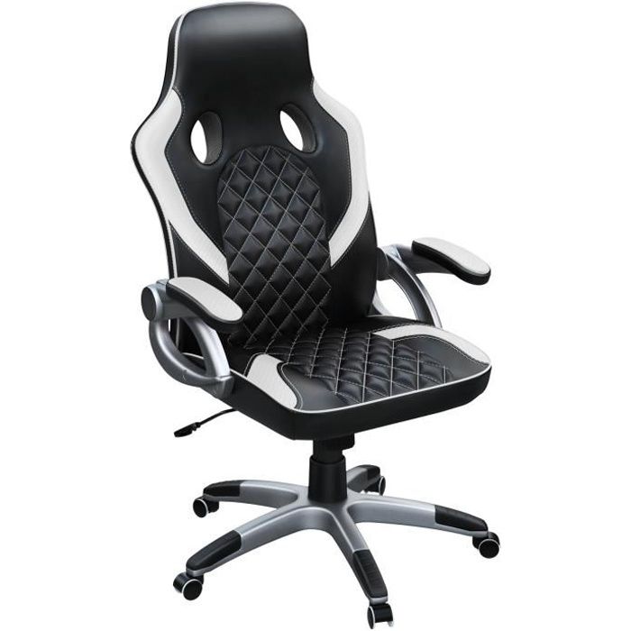 Chaise de bureau GAMING fauteuil gamer reposant style racing racer siège  revêtement synthétique noir et blanc - Cdiscount Maison