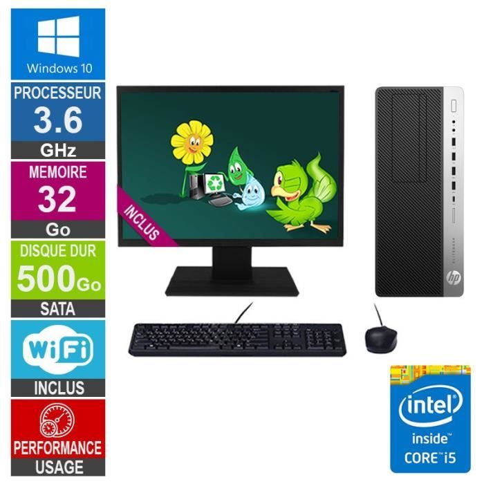 PC HP EliteDesk 800 G3 TWR i5-6500 3.60GHz 32Go/500Go Wifi W10 + Ecran 24 - Hewlett packard