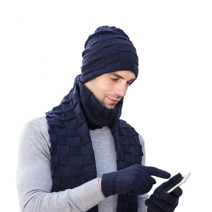 3Pcs Ensemble Bonnet de Doublure Polaire Tricot Gants à Ecran Tactile et  Écharpe Hiver Beanie Bonnet pour Homme et Femme Chaufant Bl BLEU -  Cdiscount Prêt-à-Porter