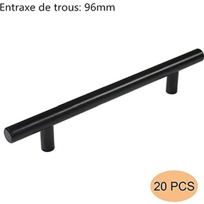 20pcs T Bar Bâton Cuisine Armoire Porte Poignées Placard Tiroir Chambre Meubles Tirer Noir Entraxe 96 mm