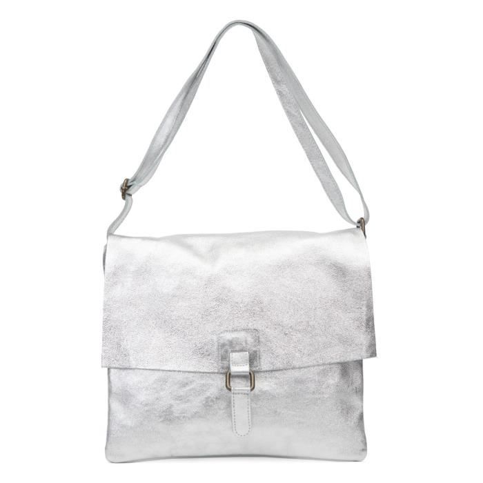 sac bandoulière besace en cuir grainé coquette argent clair