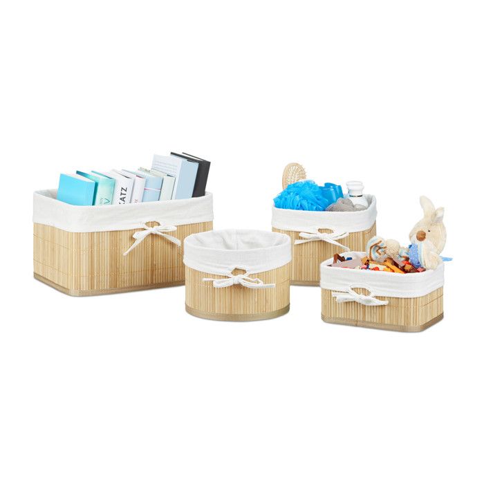 Relaxdays Boîte de rangement bambou lot de 4 corbeilles darmoire étagère et placard 4 tailles différentes nature