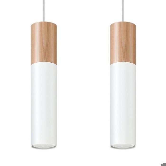 Suspension 2 Lampes Bois Blanc pour Ampoules GU10 - SILAMP Suspension 2 Lampes Bois Blanc pour Ampoules GU10 - SILAMP