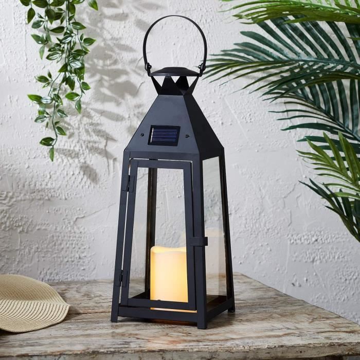 Lanterne Métal Noir Extérieur 29 Cm Avec Bougie LED TruGlow - Ambiance Chaleureuse, Minuterie 6h