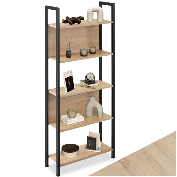 Bibliothèque - TECTAKE - Étagère WESTPORT sur 5 niveaux avec 2 parois arrières en bois et acier 62 x 24 x 1655 cm - Bois clair