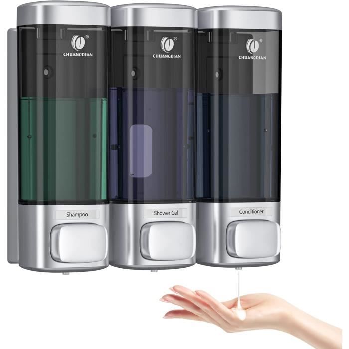 Distributeur Mural Shampoing Et Gel Douche 3 Chambres – 1200 Ml – Sans Percer – Rechargeable – Noir