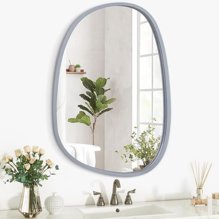 Miroir ovale en bois, cuir, verre et métal