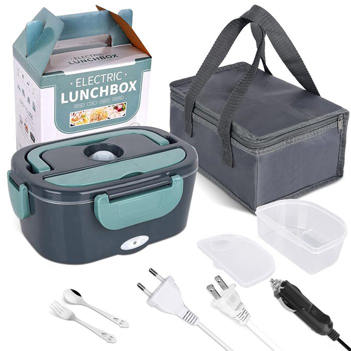 boîte à lunch chauffante 60w boîte à repas1,6l lunch box chauffante électrique avec cuillère et deux compartiments 12v/24v/220v