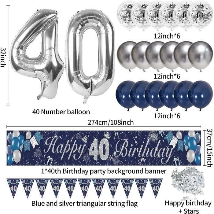 40 Ans Anniversaire Homme,Anniversaire 40 ans Bleu Argent Ballon 40 ans  Bannières de Joyeux,Ballons en Feuille Nappe Cake Top [55] - Cdiscount  Maison