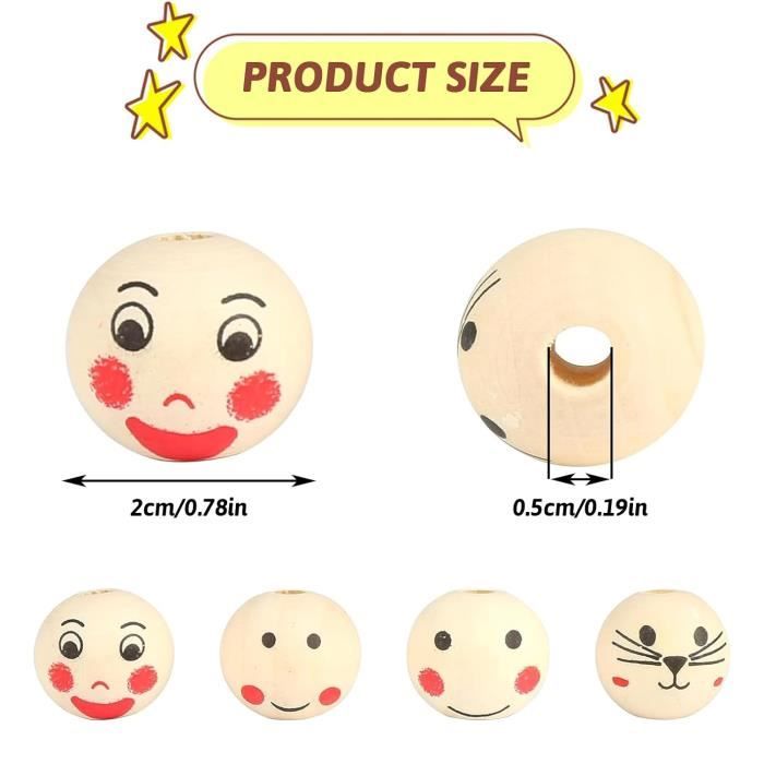 50 Perles En Bois Chat Souriant - 20mm, Trou 5mm - Pour Bracelets, DIY, Déco