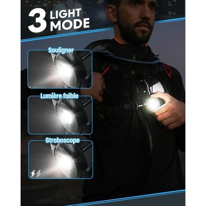 Lampe Frontale Course à Pieds Rechargeable USB LED Eclairage de Poitrine  pour Course 500 Lumens Réglable 90 Angle Droit Lampe Pectorale Lampe 3  Modes Portée de 30M Étanche Sports Extérieur : 