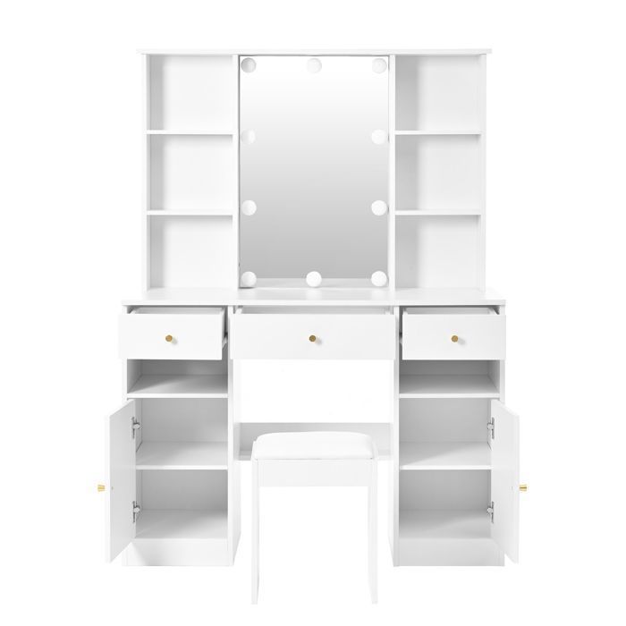 Coiffeuse Avec Miroir LED 40x108x149cm - 5 Tiroirs, Éclairage 3 Couleurs, Blanc
