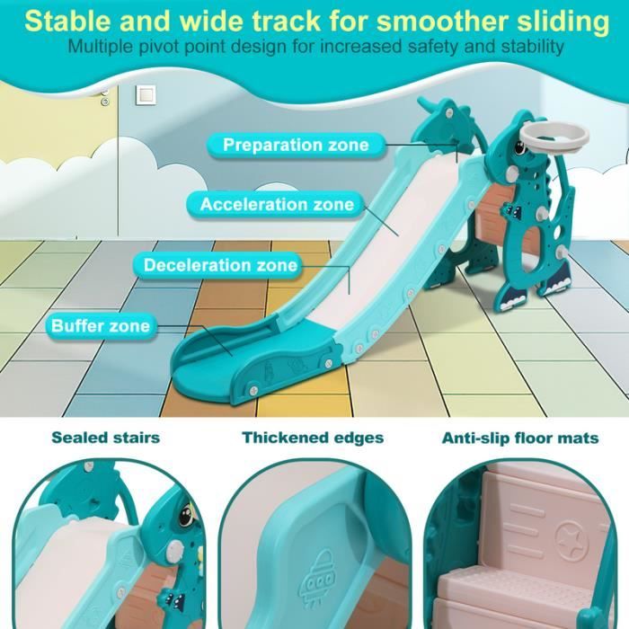 Toboggan Pliable 4 En 1 Pour Enfants 1-3 Ans - Avec Panier De Basket Et Anneaux - Intérieur/Extérieur - Vert