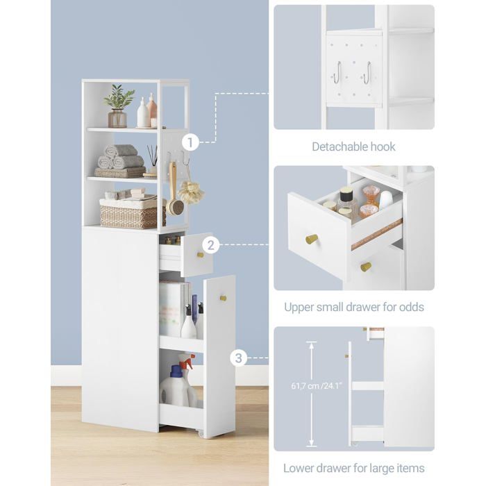 Meuble Salle De Bain Haut Blanc 40x20x140cm - Armoire Rangement Étroite Avec Tiroirs Et Roulettes